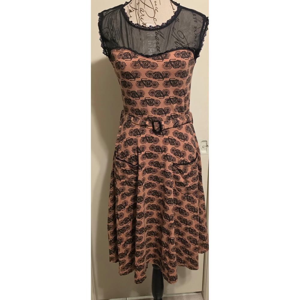 Effies Heart Vintage Motorcycle Print Mesh Yoke Dress Mauve Pink Medium